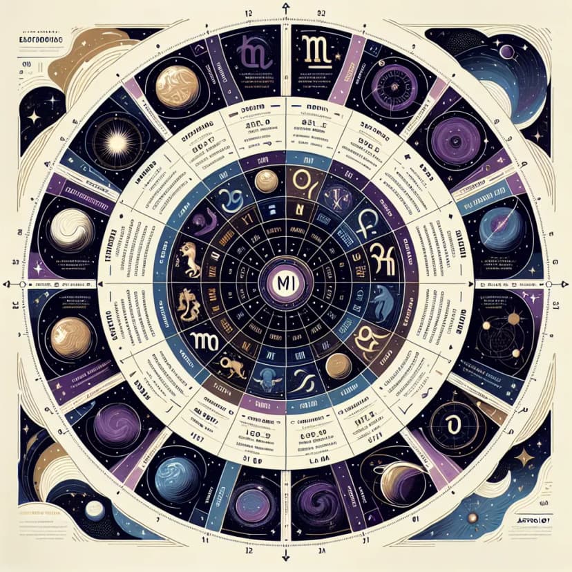 Complete zodiac wheel showing all 12 astrological signs with their symbols, names, and date ranges arranged in a circular format